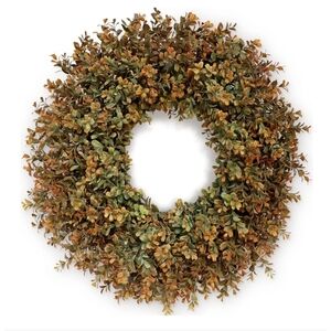 NWT 26" Fall Faux Boxwood Leaves Wreath Autumn Fall Thanksgiving Green/Orange